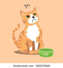 Vector illustration depicting a ginger tabby cat with a white breast. Domestic pet, kitten sits near an empty bowl. Hungry cat. Cute kitty on beige background in flat style