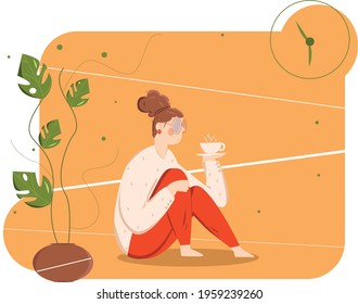 Vector illustration depicting a girl in glasses who drinks coffee.