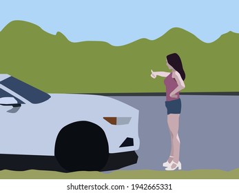vector illustration depicting a girl stopping a car on the road