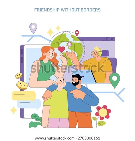 Vector illustration depicting global friendship and communication through digital technology. Diverse individuals connect across the globe, exchanging gestures of camaraderie and positivity.