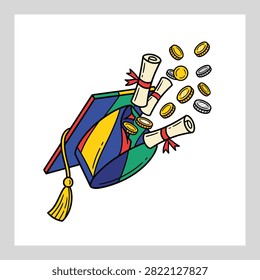 Vector illustration depicting a graduation cap breaking free from student loan debt certificate, representing student debt forgiveness, tuition payoff, and financial freedom for graduates.
