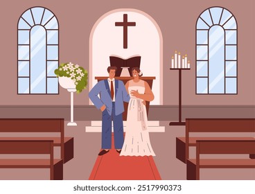 Ilustración vectorial que representa a los novios griegos en el entorno de la iglesia. El interior incluye altar, flores, velas y bancos. Perfecto para el tema del lugar de la boda. Estilo plano.