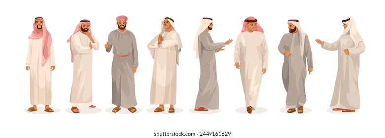 A vector illustration depicting a group of Arab men in traditional clothing on a white background, showcasing various poses and expressions. Vector illustration