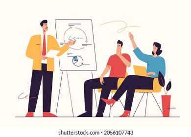 Vector illustration depicting a group of businesspeople listening to the trainer, coach, speaker at seminar. Editable stroke.