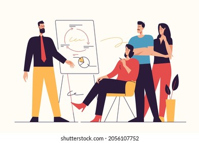 Vector illustration depicting a group of businesspeople listening to the trainer, coach, speaker at seminar. Editable stroke.