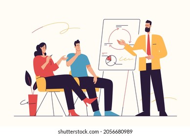 Vector illustration depicting a group of businesspeople listening to the trainer, coach, speaker at seminar. Editable stroke.