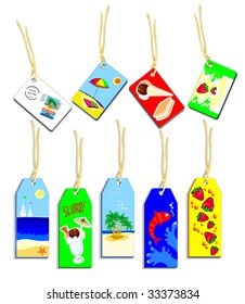 Vector illustration depicting a group of colored labels decorated with elements related to vacations and the sea