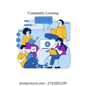 Ilustração vetorial que representa um grupo que está participando do aprendizado em comunidade usando ferramentas digitais. As pessoas estão lendo livros, usando laptops e participando de discussões para aprimorar o conhecimento.