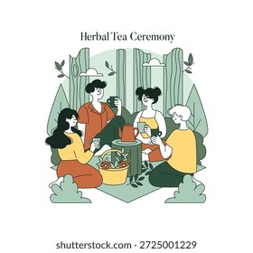 Ilustración vectorial que representa a un grupo de amigos disfrutando de una ceremonia de té de hierbas al aire libre. La escena muestra un entorno sereno con plantas y una cesta de flores, destacando la relajación y