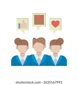 A vector illustration depicting a group of people with speech bubbles above their heads, containing a thumbs-up, a package, and a heart