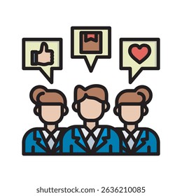 A vector illustration depicting a group of people with speech bubbles above their heads, containing a thumbs-up, a package, and a heart