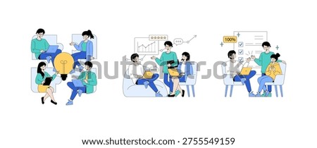 Vector illustration depicting a group of people engaging in a collaborative discussion. The image highlights teamwork, communication, and productivity, featuring charts and checklists.