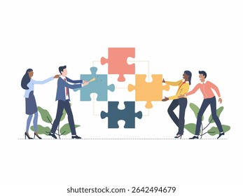 Vector illustration depicting a group of professionals working together to connect vibrant puzzle pieces.