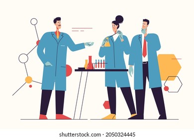Ilustración vectorial que representa a un grupo de científicos trabajando, haciendo pruebas, investigando en un laboratorio. Trazo editable.