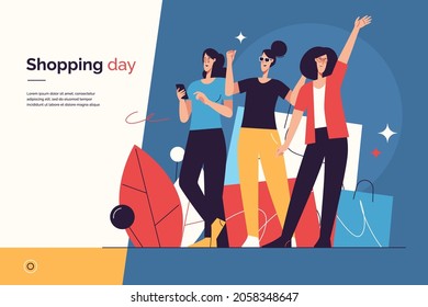 Vector illustration depicting a group of young happy women on the background of shopping bags. Editable stroke.