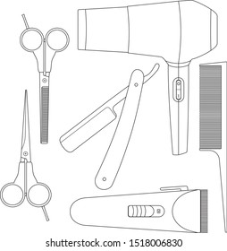 Vector illustration depicting hairdressing tools. Scissors, machine, razor, hair dryer, comb. Linear drawing of black color on a white background. Hair cutting tools.