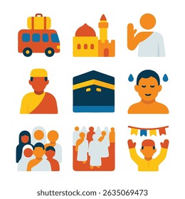 Vector illustration depicting Hajj pilgrimage icons. Includes transportation, mosque, Kaaba, pilgrims, and cultural elements. Bright, flat design. 