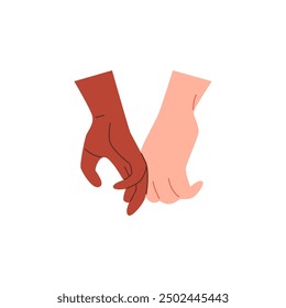 Vector illustration depicting a hand gesture on an isolated background. Hands of people of different skin tones touch. Suitable for icons and flat design projects.