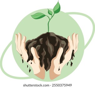 Vector illustration depicting a hand holding a plant seed with the ground also lifted which symbolizes World Eart Day