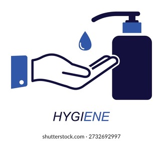Vektorgrafik, die Handhygiene mit einer Hand, Seifenspender und Wassertropfen zeigt. Betont Sauberkeit.