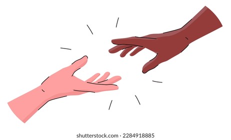 Vector illustration depicting the hands of people reaching out to each other. People belonging to different races extend their hands to each other. The concept of unity, goodness, mutual assistance.