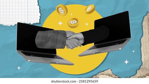 A vector illustration depicting a handshake between two laptops, representing business collaboration and agreements, ideal for corporate and networking themes.