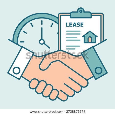 Vector illustration depicting a handshake, a clock, and a lease agreement for a house, representing a property deal or rental contract over time.