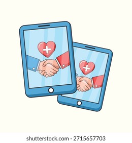 Ilustración vectorial que representa un apretón de manos en una pantalla de tableta digital con contexto médico. Este concepto simboliza un exitoso Acuerdo de telemedicina, un contrato de seguro médico, una alianza de médicos en línea y una confianza empresarial digital. Ideal para startups de tecnología de la salud y presentaciones médicas corporativas. Aislado sobre fondo blanco.
