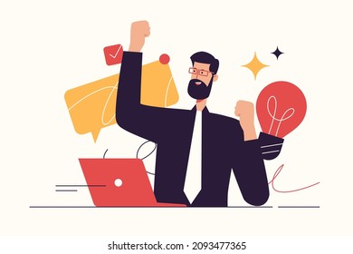 Vector illustration depicting a happy businessman finding an effective solution. Editable stroke.