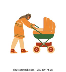 Vector illustration depicting a happy mother in a hijab taking care of her baby in a stroller. The set features themes of motherhood, love and warmth