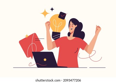 Vector illustration depicting a happy young woman finding an effective solution. Editable stroke.