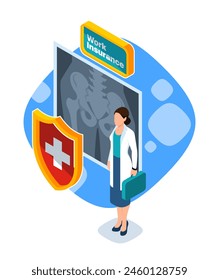 A vector illustration depicting a healthcare professional with a shield, symbolizing work insurance concept on a blue background