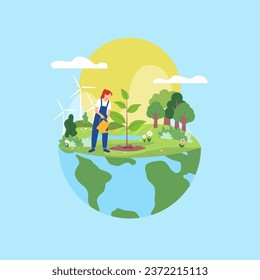 Vector illustration depicting the hemisphere of the Earth, as well as a girl watering a tree. Conveys the concept of responsible stewardship of nature and the earth's resources. Spending time outdoors