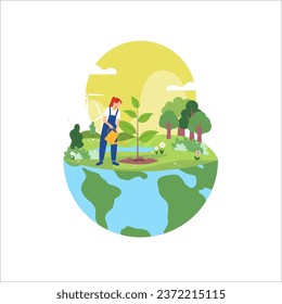 Vector illustration depicting the hemisphere of the Earth, as well as a girl watering a tree. Conveys the concept of responsible stewardship of nature and the earth's resources. Spending time outdoors