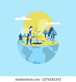 Vector illustration depicting the hemisphere of the Earth, as well as a girl watering a tree. Conveys the concept of responsible stewardship of nature and the earth's resources.