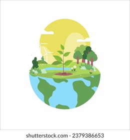 Ilustración vectorial que representa el hemisferio de la Tierra en el que se siembra un jardín. Convee el concepto de administración responsable de la naturaleza y los recursos de la Tierra. Cuidando del planeta.