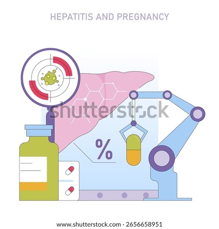 Vector illustration depicting hepatitis and pregnancy, featuring a liver, virus magnification, pills, and a robotic arm. Highlights healthcare aspects related to liver and maternal health.