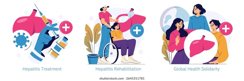 Vector illustration depicting hepatitis treatment and rehabilitation. Shows medical treatment with syringe and virus, a supportive caregiver with patient, and global health solidarity with people