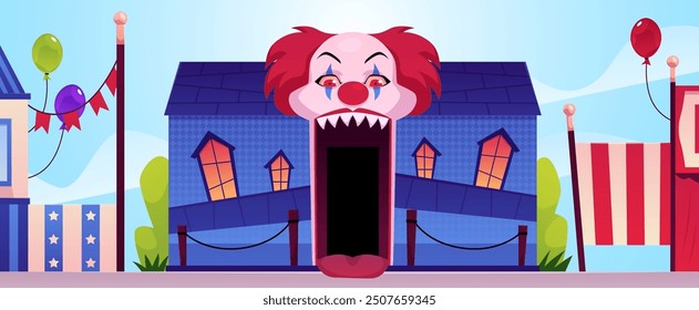 Ilustración vectorial que representa la entrada de una casa de terror en forma de una boca de payaso aterradora, con Elementos de feria de carnaval sobre un fondo azul celeste. Tema de Halloween. Estilo plano.