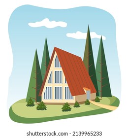 Ilustración vectorial de una casa rodeada de altos árboles de abeto y arbustos contra un cielo azul. Ilustración de postales, carteles, decoración, vajilla y papelería. 