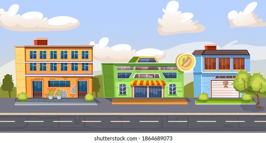 Vector illustration depicting houses and organized infrastructure. Fast food, cafes and other establishments. Vector landscape for your projects and illustrations.