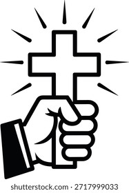 Ilustración vectorial que representa la mano humana sosteniendo el símbolo de la cruz. Gesto con las yemas de los dedos juntas dobladas en oración apuntando hacia arriba ofreciendo esperanza y conexión espiritual