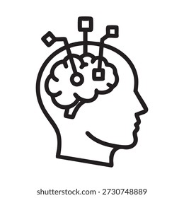 Eine Vektorgrafik, die einen menschlichen Kopf mit miteinander verbundenen KI- und Technologie-Symbolen darstellt, die künstliche Intelligenz und Gehirnaktivität darstellen.