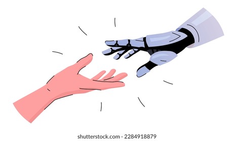 Ilustración vectorial que representa manos humanas y robots que se alcanzan entre sí. El robot alcanza su brazo metálico para conocer al brazo humano. Colaboración entre humanos y robots. Tecnología moderna.