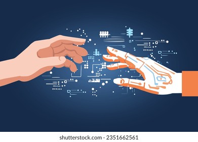 Vector illustration depicting human and robot hands reaching for each other. Collaboration between humans and robots. Modern technology.