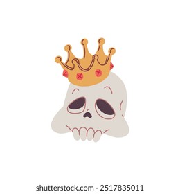 Una Ilustración vectorial que representa un cráneo humano con una corona de oro. Perfecto para decoraciones de Halloween o brujería, hecho en un estilo de dibujos animados planos sobre un fondo aislado.