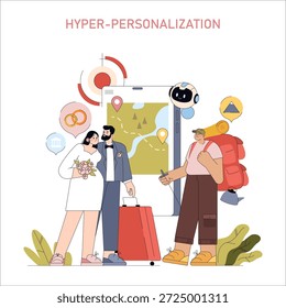 Ilustración vectorial que representa la hiperpersonalización en los viajes. Una pareja con equipaje y un viajero con una mochila disfrutan de experiencias personalizadas a través de mapas digitales e IA.