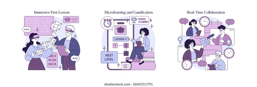 Vector illustration depicting immersive learning, microlearning with gamification, and real-time collaboration. Features individuals using technology and engaging with educational tools.