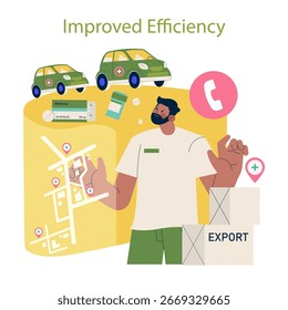 Vector illustration depicting improved efficiency in medical delivery logistics. A person plans routes with a map and coordinates delivery vehicles, enhancing export and distribution operations.