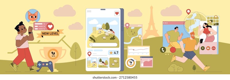 Ilustración vectorial que muestra a personas que interactúan con dispositivos digitales para lograr hitos de juego y conectarse a nivel mundial. Diversas Configuraciones incluyen paisajes virtuales y Elementos sociales.